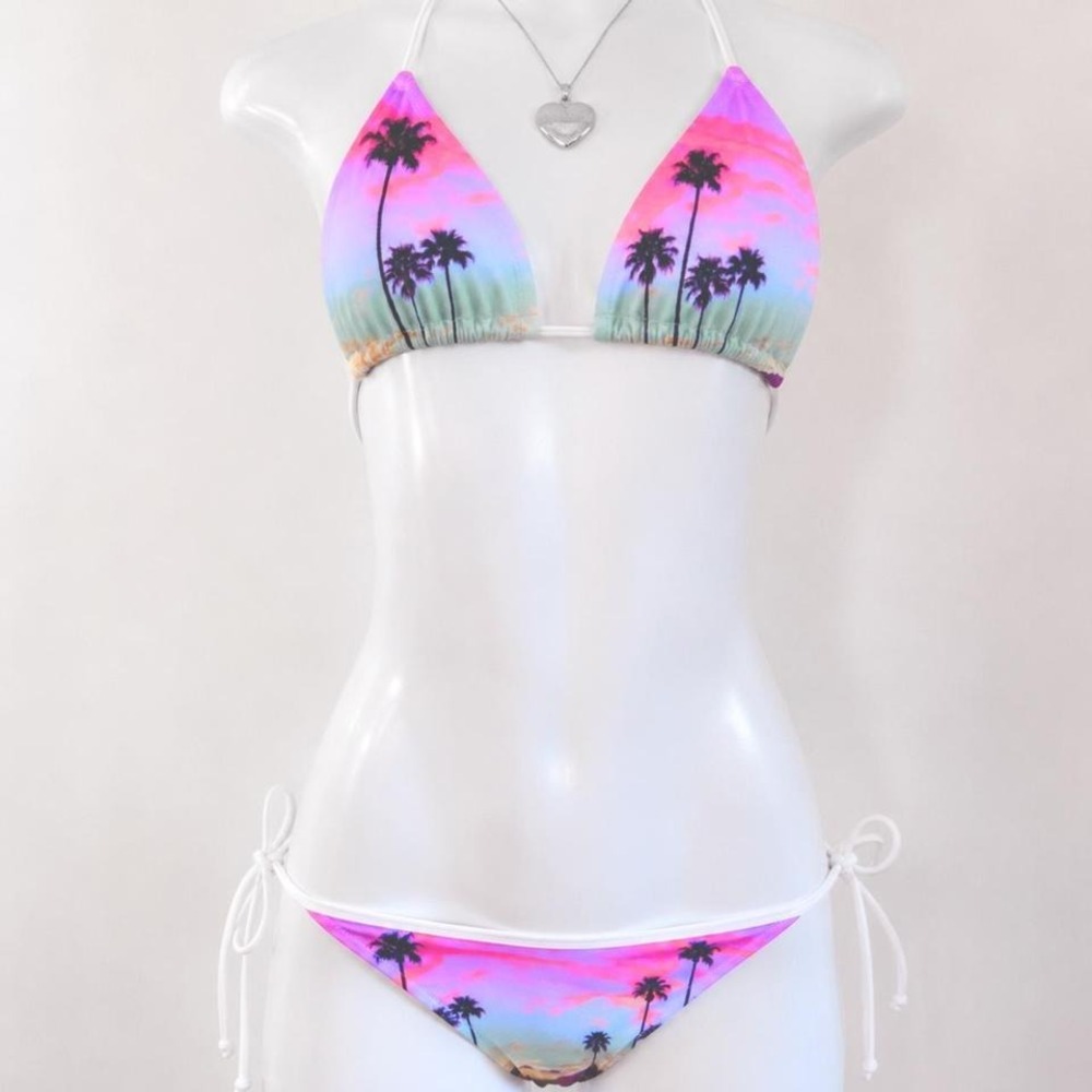 neon sunset palm tree bikini set y2k coconut girl tropical swimsuit